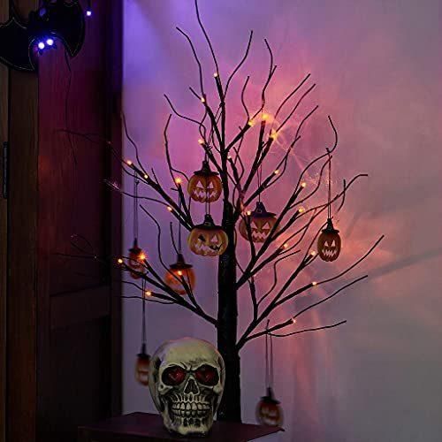 2FT Halloween Black Tree Battery Powered with 24 Orange Lights and Pumpkin Ornaments Light up Bonsai Tree for Halloween Indoor Tabletop Decoration