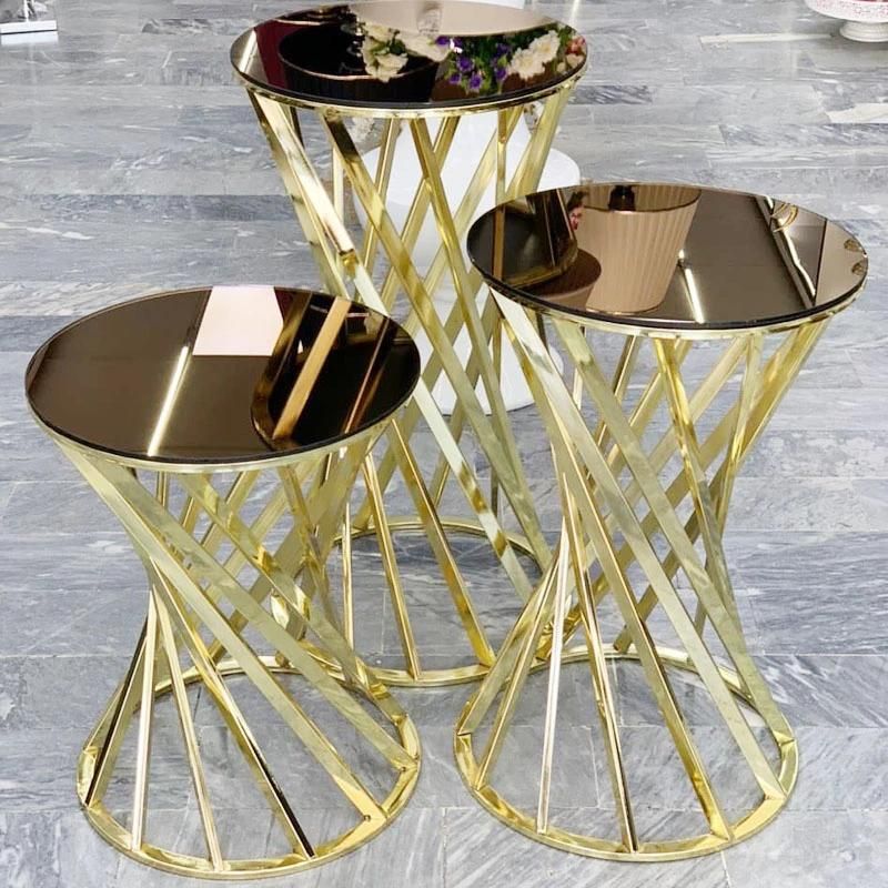 Modern Wedding Furniture Golden Design Stainless Steel Round 3 Piece Cake Table