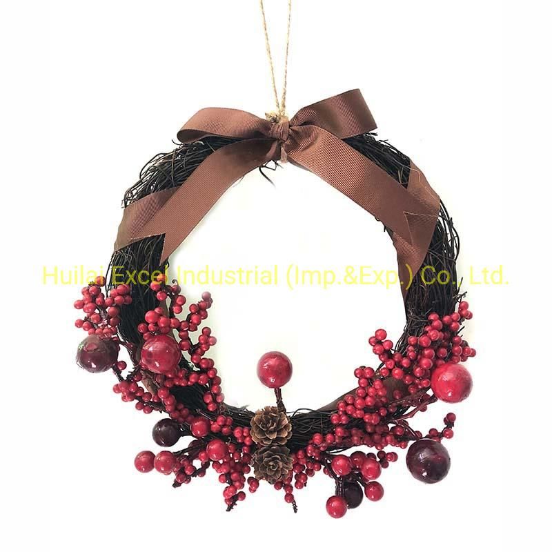 Artificial Wreath Rattan Red Berry Christmas Garland Circle Wreath Decoration