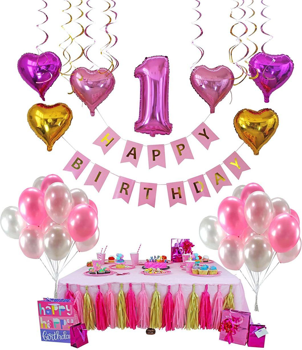 Pink Gold and Cream Birthday Party Decoration Set Pompom Lanterns Polka DOT Triangle Garland Banner