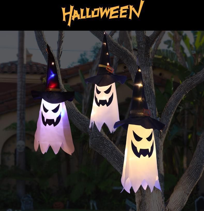 Halloween LED Lights Wizard Hat Hanging Lights Ghost Face Ghost Lights String Ghost Festival Horror Atmosphere Room Decoration Lights