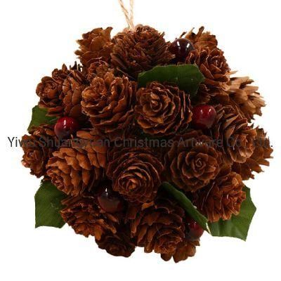 Brown Decorative Pinecone Hanging Ball Christmas Wreath with Green Leaf for Christmas Decor