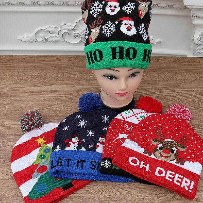 LED Light Christmas Knitted Hat for Kids Adults Christmas Decorations