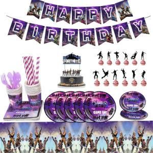 Purple Game Fortress Night Party Decoration Tablecloth Birthday Pull Flag Banner Cake Sign Ornaments Party Supplies