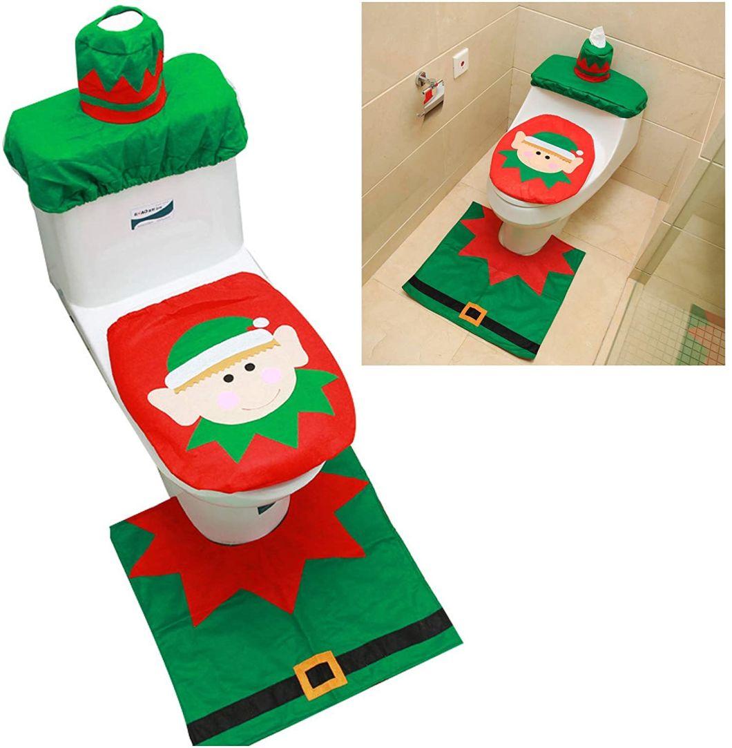 Snowman Santa Toilet Seat Cover and Rug Set Red Christmas Decorations Bathroom