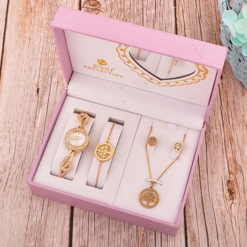 Gold Finished Mother′s Day Gift Set with Peace Tree Metal Jewelry Set and Watch