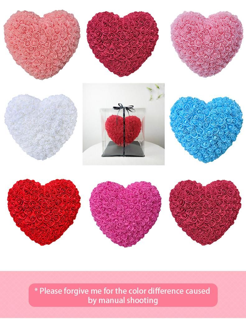 Popular Hot Selling 30cm Heart Shape Preserved Rose Artificial Foam Flower Heart with Gift Box