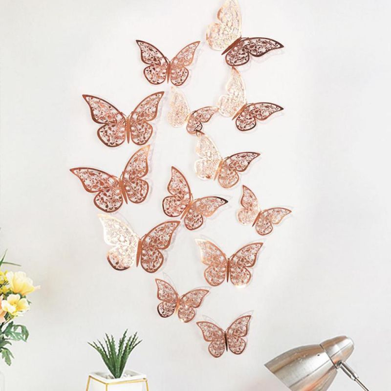 12PCS Wall Stickers Hollow Rose Gold/Golden/Silver Butterfly Wall Stickers