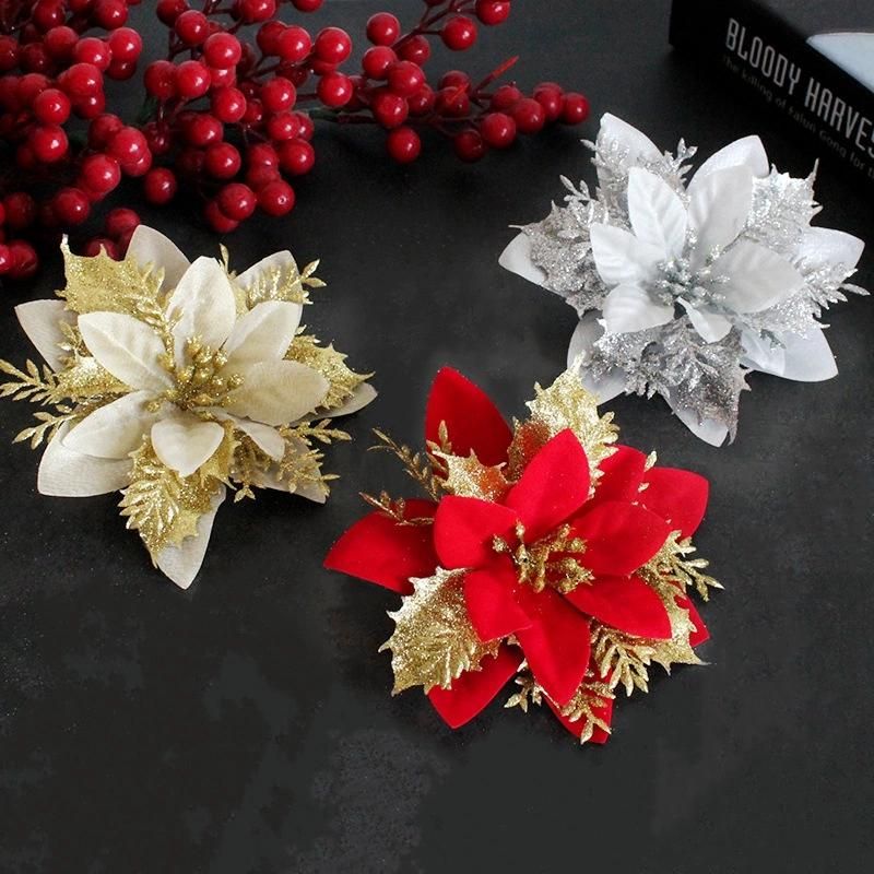 Silver Poinsettia Artificial Flowers Glitter Artificial Christmas Flowers Decorations