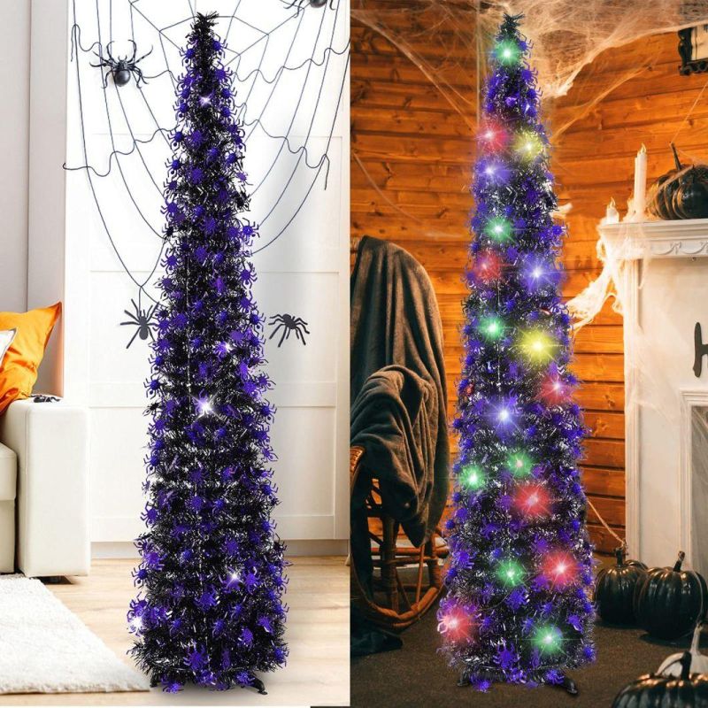 5 Foot Black Tinsel Halloween Christmas Tree with 50 Color Lights - Collapsible Pop up Spider Sequin Artificial Pencil Halloween Tree Decorations for Home Firep