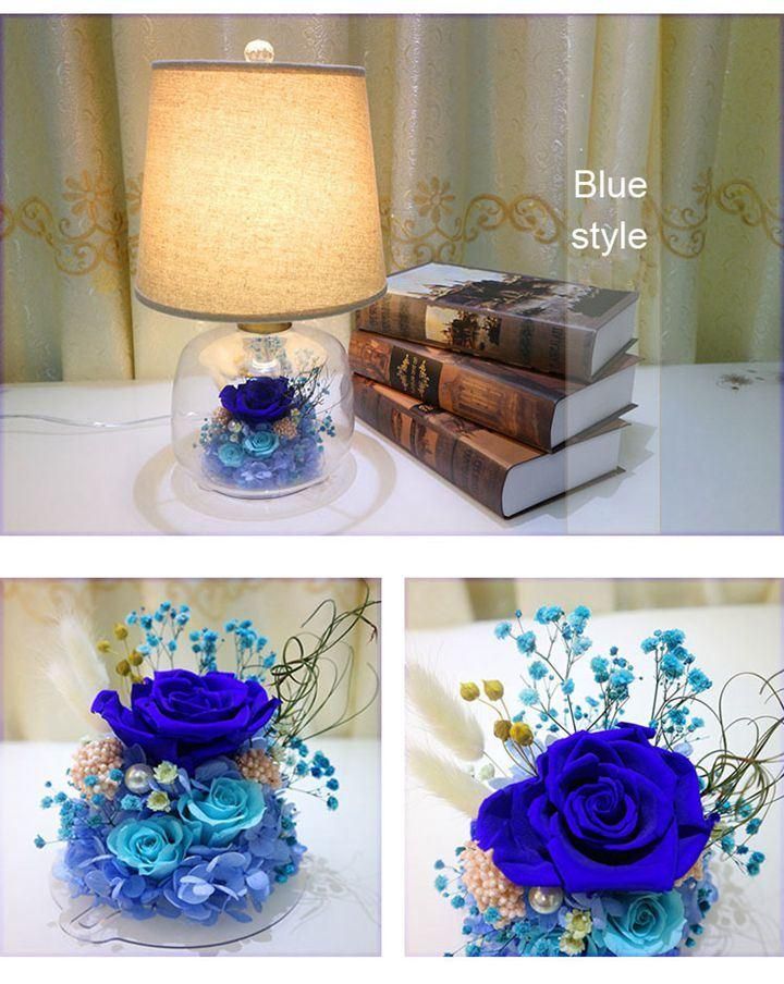 Decorative Arrangements Preserved Roses Flower in Glass Dome Desk Lamp