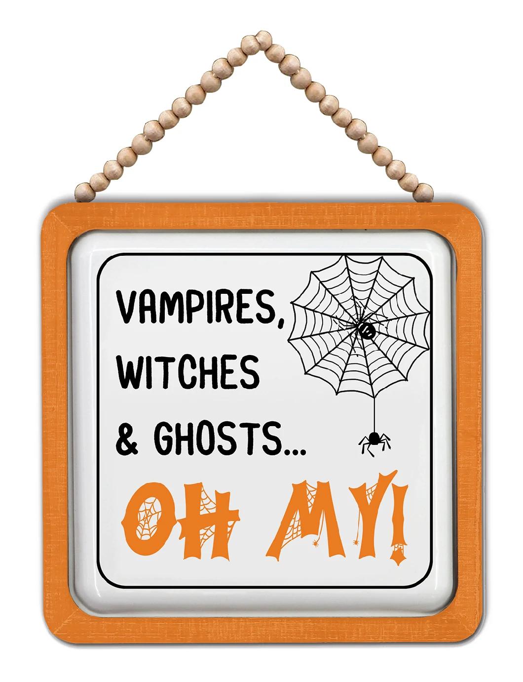 Customized Wooden Bead Decorated Wooden Frame Metal Halloween Sign