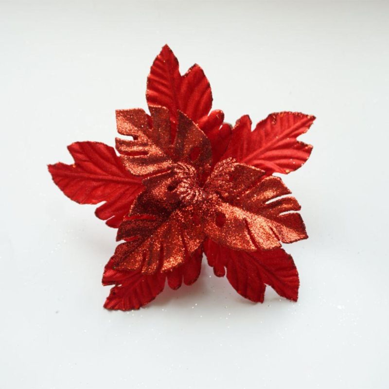 Cheap Artificial Glitter Red Christmas Flower Wholesale Poinsettia