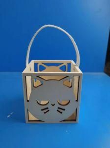 Unpainted Natural Wood Box with Shapes of Cat Face