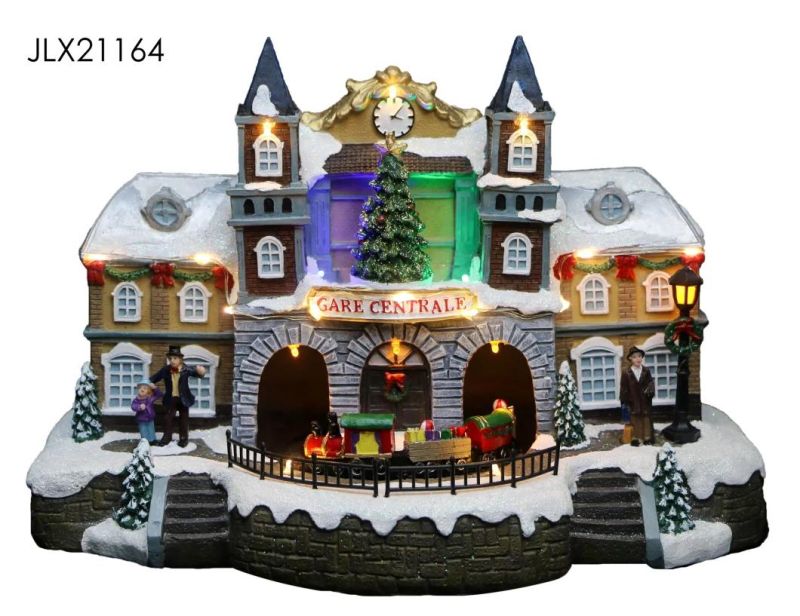 New Design Christmas Village House with LED Lights with Water Wheel Spin and Three Person Roller Skates with Music