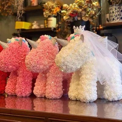 2021 Rose Unicorn Rose Animal Teddy Bear with Valentine&prime;s Day Gift Preserved Flower