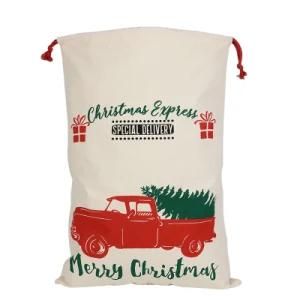 Custom Xmas Truck Pattern 100% Natural Cotton Drawstring Canvas Christmas Santa Sack for Stocking Present Gift
