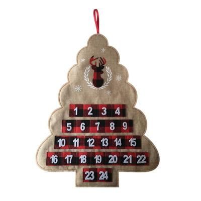 BSCI Reindeer Design Countdown Hessian Plaid 24 Pockets Advent Christmas Tree Calendar