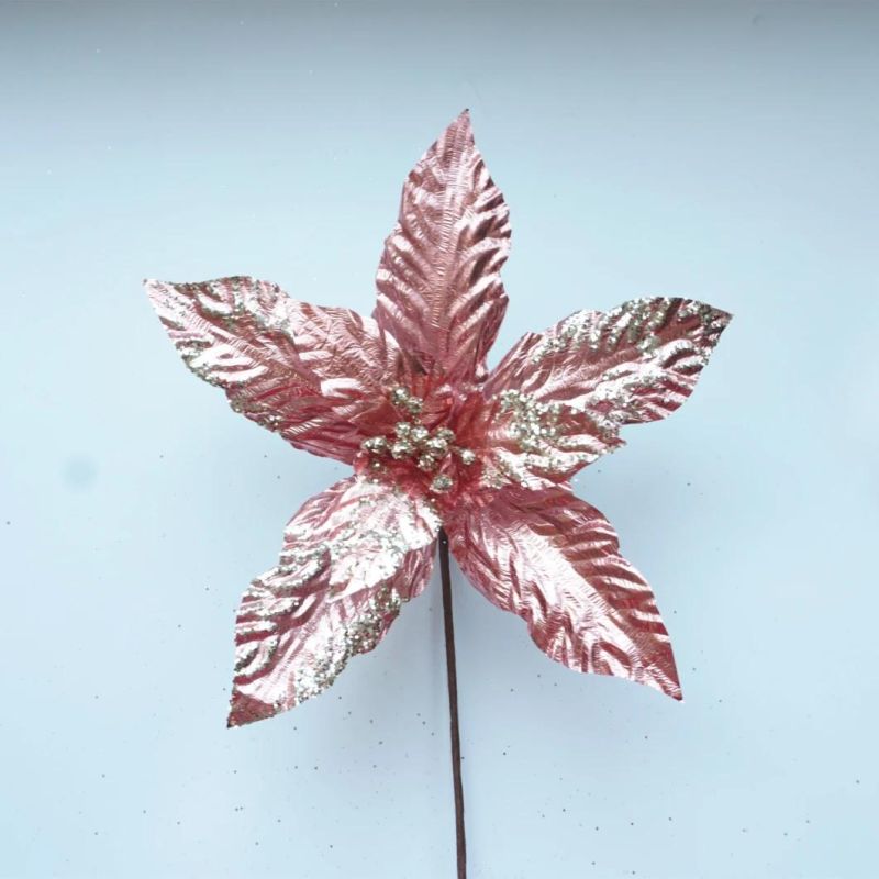 Pink Rose Golden Christmas Poinsettia Ornament Simulation Flannelette Christmas Flower DIY