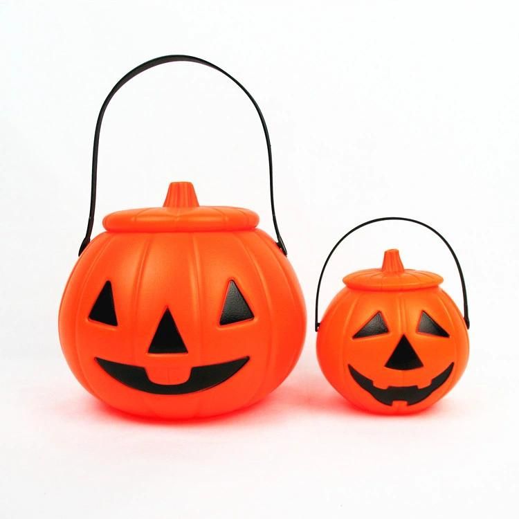 Halloween Glowing Decorative Plastic Portable Jack-O-Lantern Candy Jar for Children′s Performance Props with Lid Pumpkin Bucket