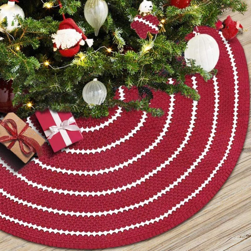 Wholesale Xmas Tree Decoration Round Cotton Wine Red Knitted Christmas Tree Skirt