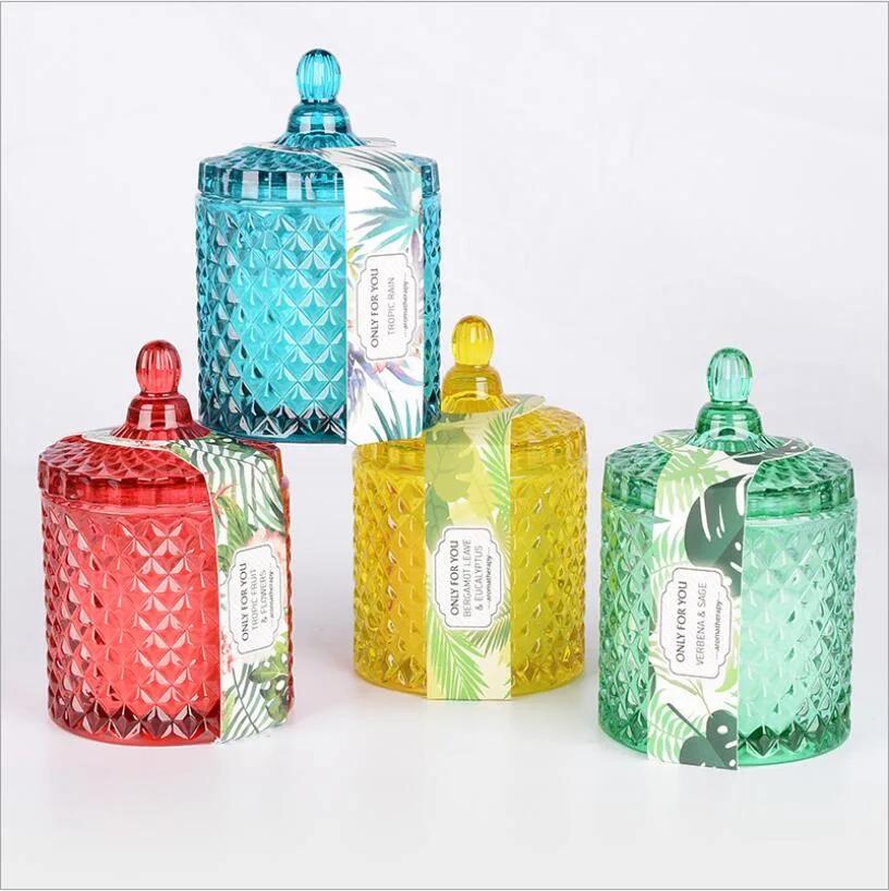 Hot Sale Clear Red Yellow Green Blue Glass Candle Jars Candy Jar with Lid