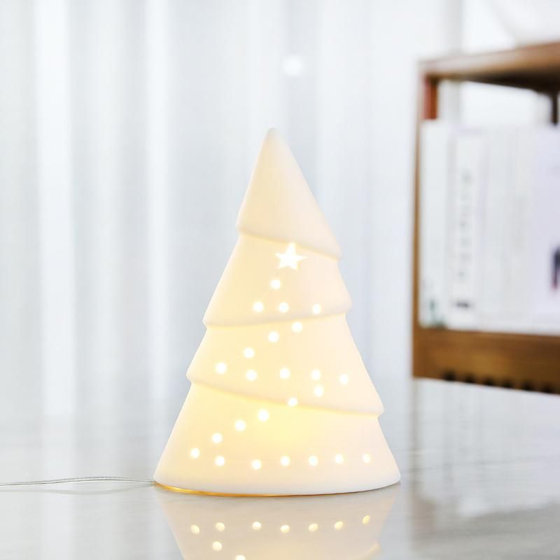 Ceramic Xmas Tree Decorative Stoneware Tradition Vintage Tabletop Home Decor Decoration Porcelain Hand Painted Winter Tree Shaped White Light LED Christmas Tree