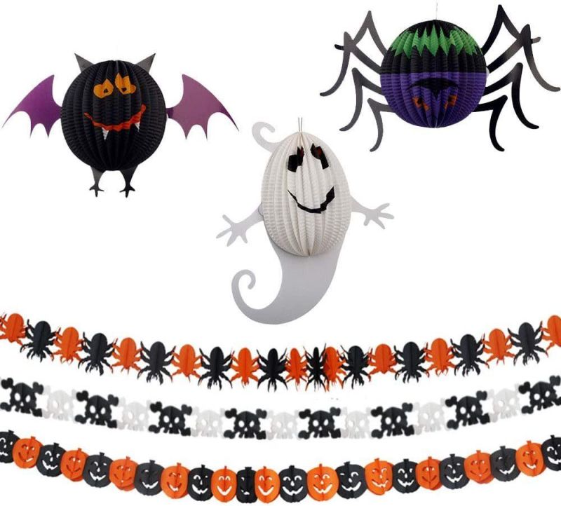 Halloween Interior Paper Decoration Orange Pumpkin Spider White Ghost Black Bat Spider Web All Saints′ Day Decorations Paper Garlands and Halloween Paper Lante