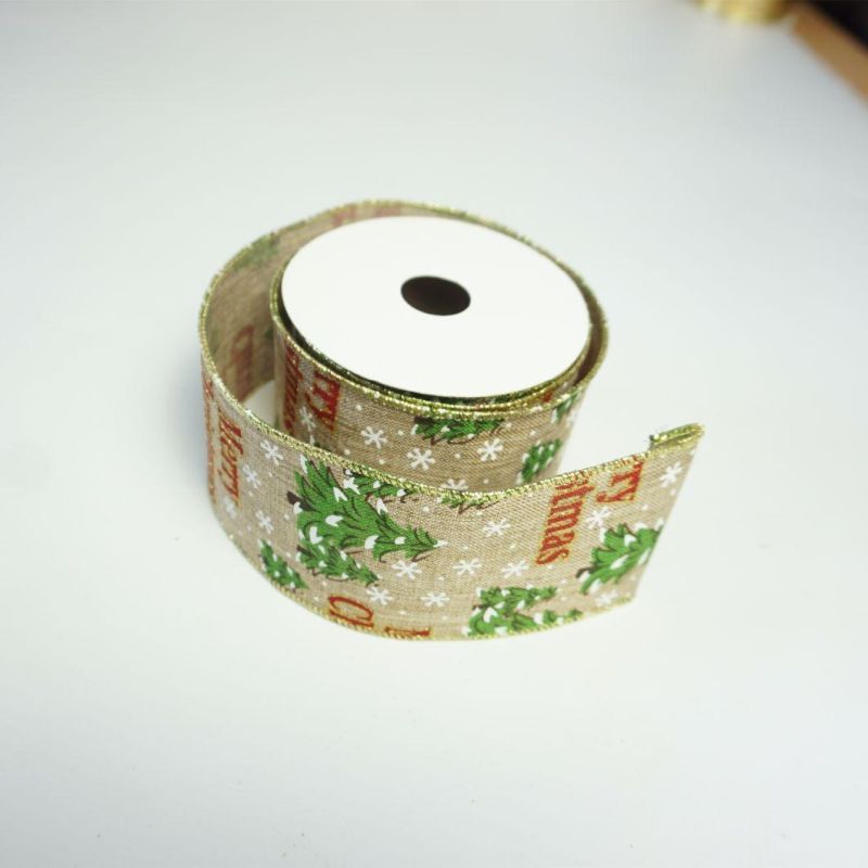Christmas Custom Printed Grosgrain Christmas Ribbon Tree Printed Decoration Wired