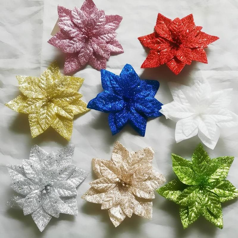 Hot Selling White Cotton Artificial Christmas Flowers Poinsettia for Decoration Xmas Ornament