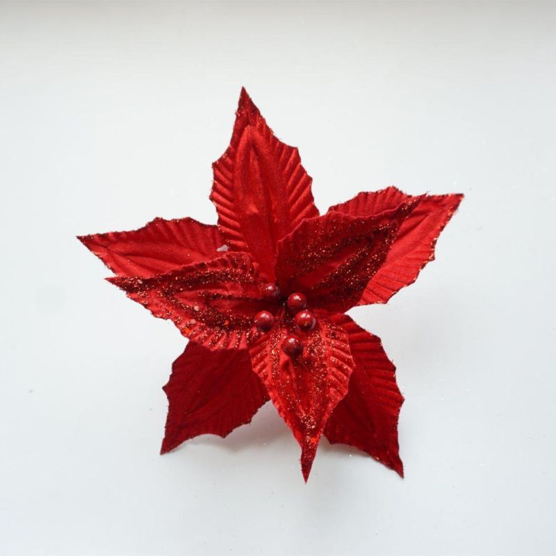 Artificial Sequined Poinsettia Decorative Christmas Flower Bronzing Flannelette Gauze