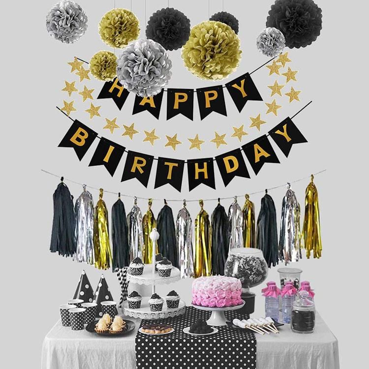 Nicro 13th 16th 18th 21st 30th 40th 50th 60th 70th Black Gold Happy Birthday Party Supplies Decoration Set