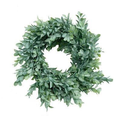Artificial Green Leaves Christmas Boxwood Wreath with Hanging Ribbon