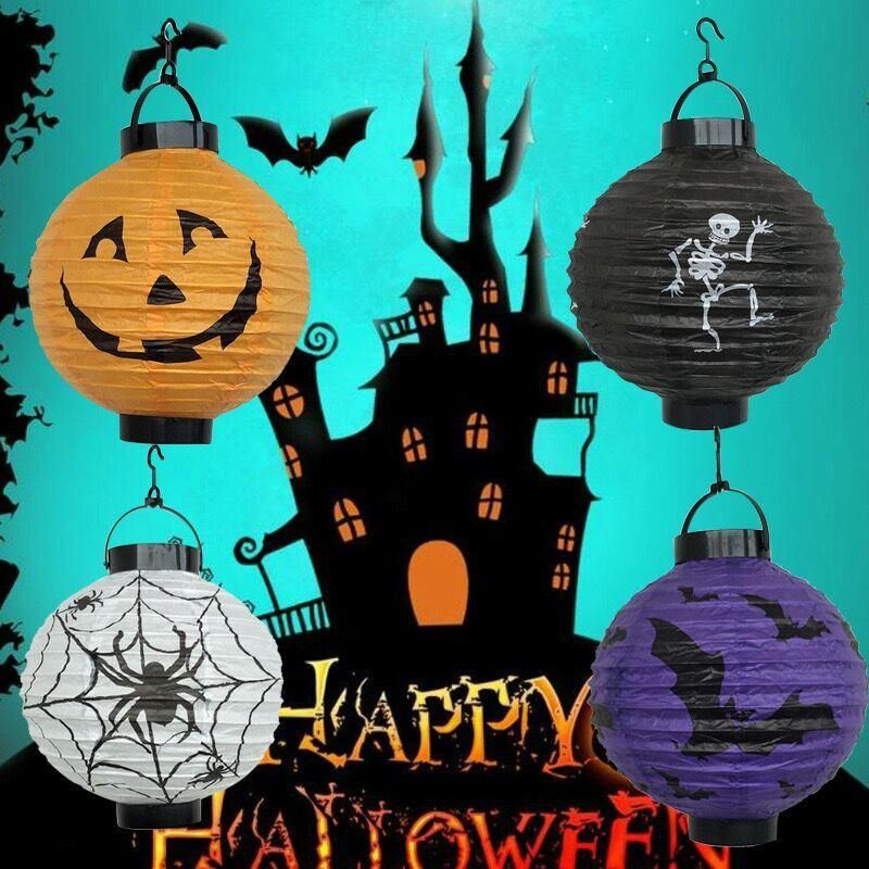 The Factory Wholesale 8inch Orange Black Halloween Pumpkin Paper Jack-O′-Lantern/Lamp Jack-O′-Lantern Paper Lanterns with LED Lights Hang Festive Decorations