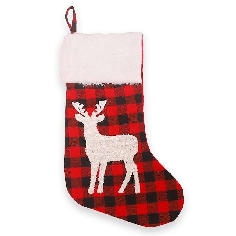 New Cross-Border Christmas Decorations White Fur Collar Jacquard Embroidery Plaid Christmas Stockings Christmas Tree Decorations Hanging Ornaments