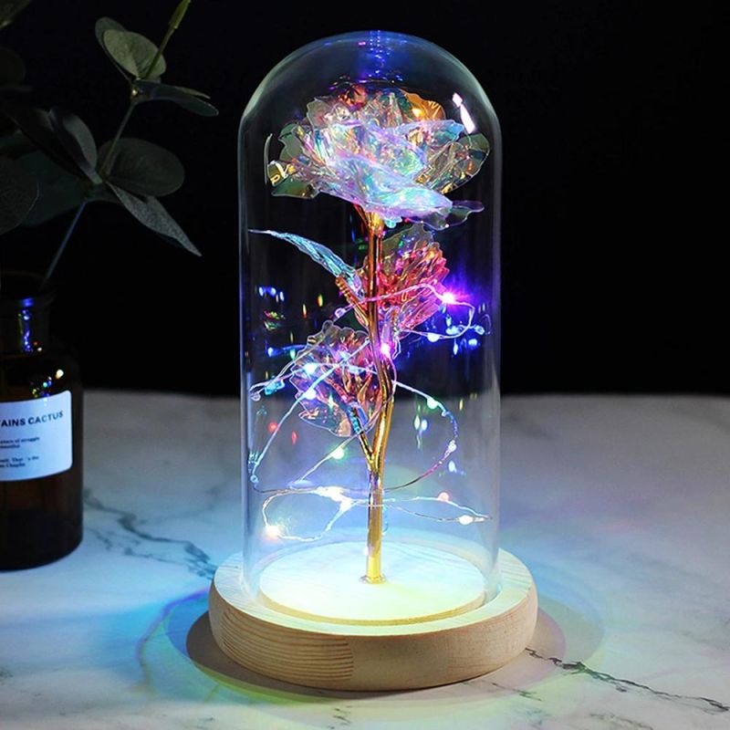 Hot Sale 24K Gold Rose Preserved Galaxy Rose in Glass Dome Wooden Base Valentine′s Gift Enchanted LED Light Rose in Glass