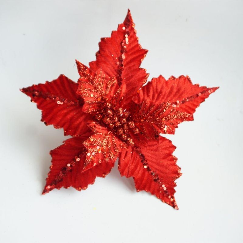 Hot Sale Artificial Simulation Velvet Xmas Poinsettias Flowers with Clip for Christmas Decoration