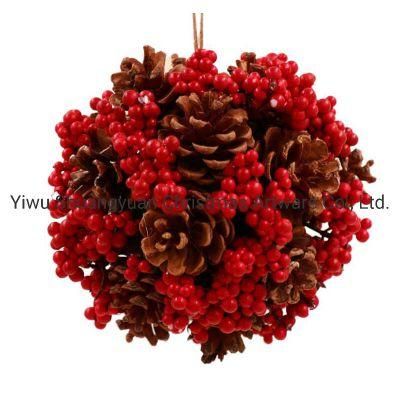 Christmas Pine Cone Round Ball Decorated with Red Berries Christmas Wreath