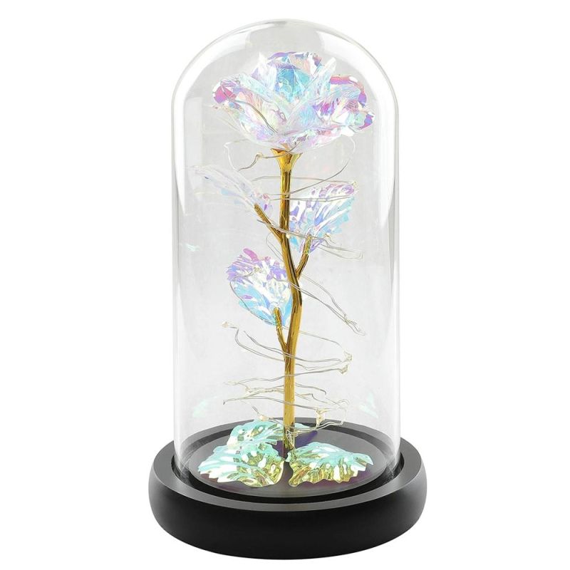 Hot Sale 24K Gold Rose Preserved Galaxy Rose in Glass Dome Wooden Base Valentine′s Gift Enchanted LED Light Rose in Glass