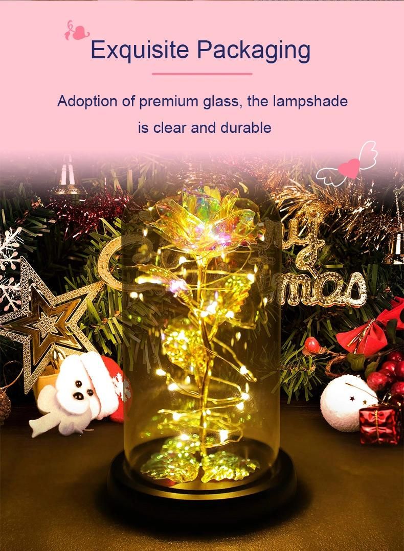 3 Leaves Beauty Beast Rose in Glass Dome Wooden Base Valentine′s Gifts LED Rose Lamps Christmas Galaxy Rose Glass Dome