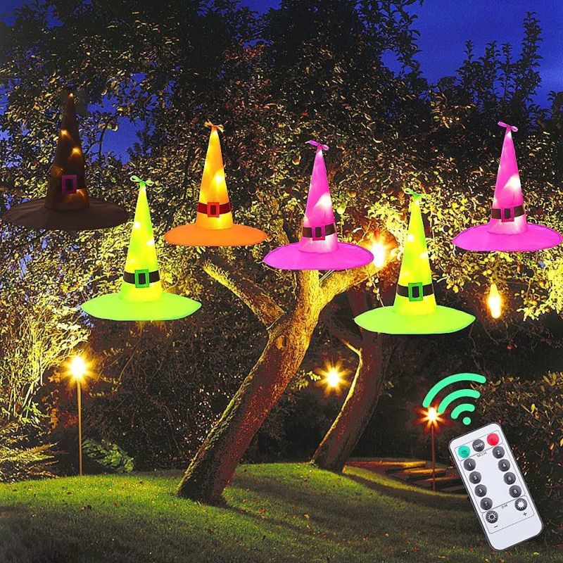 Halloween Decorations Outdoor 6PCS Witch Hat, Battery Powered Witches Hat String