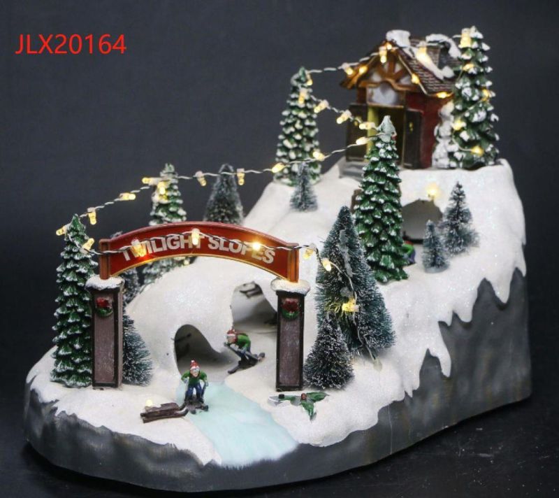 Polyresin Holiday Decor Fiber Optic Reindeer Sleigh Scene LED Illuminated Musical Christmas Village Houses Decoration with 8 Xmas Songs