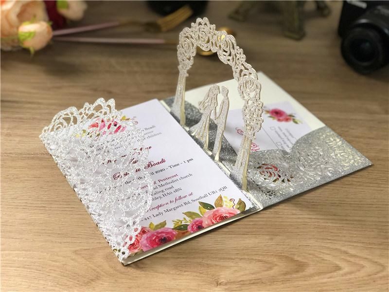 Glitter Laser Cut 3D Handmade Pop up Wedding Invitation Card