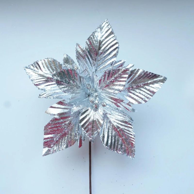 Silver Poinsettia Flowers for Christmas Tree Decoration Glitter Flowers