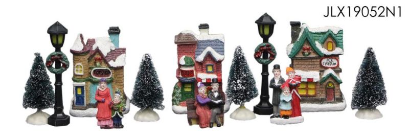 Custom Design Table Top Village Holiday Decor Battery Lighted Polyresin Christmas House Christmas Tree Set Decoration