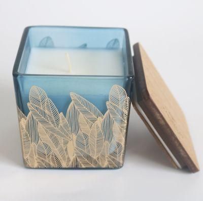 Luxury Golden Leaf Blue Square Glass Candle with Wooden Lid