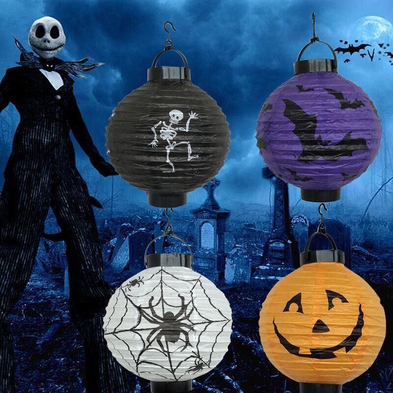 The Factory Wholesale 8inch Orange Black Halloween Pumpkin Paper Jack-O′-Lantern/Lamp Jack-O′-Lantern Paper Lanterns with LED Lights Hang Festive Decorations