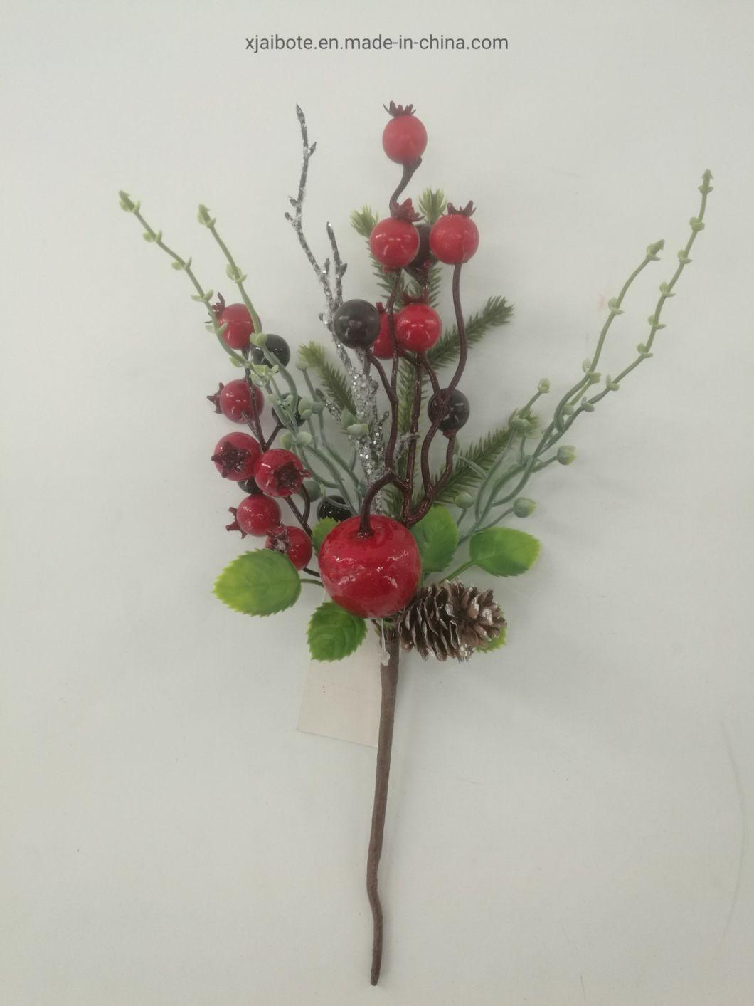 Modern Design Christmas Ornaments Tree Leaves Artificial Plastic Wire Red Fruit Festival Decorations