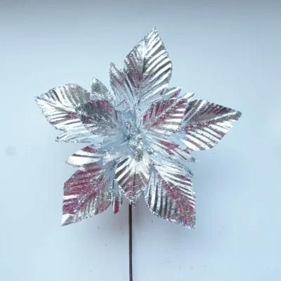Silver Poinsettia Flowers for Christmas Tree Decoration Glitter Flowers
