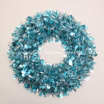 Promotional Lake Blue Pet Tinsel Window Wreath for Chrismtmas Decoration